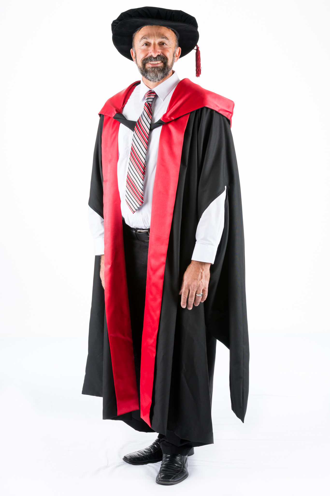 PHD DOCTORAL FULL SET GOWN HOOD BONNET Red Satin Facings